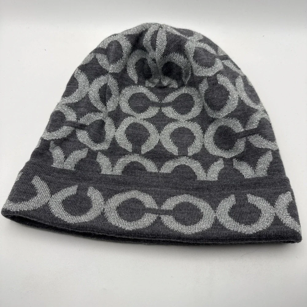 Coach Gray  Silver Knit Beanie Hat Women Geometric Logo Merino Wool